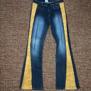 Watch LA vintage dark wash flare jeans with studded suede outseam y2k fashion